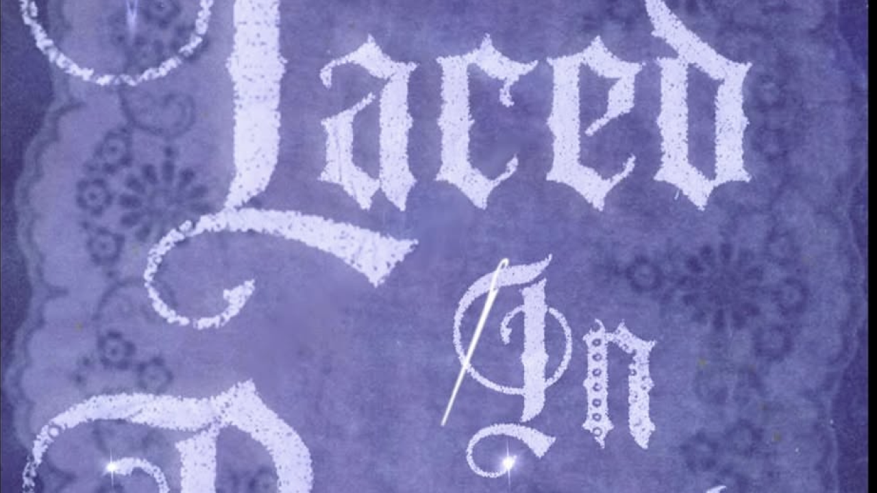 Purple vintage graphic poster reading "Laced In Reverie" in ornate white script